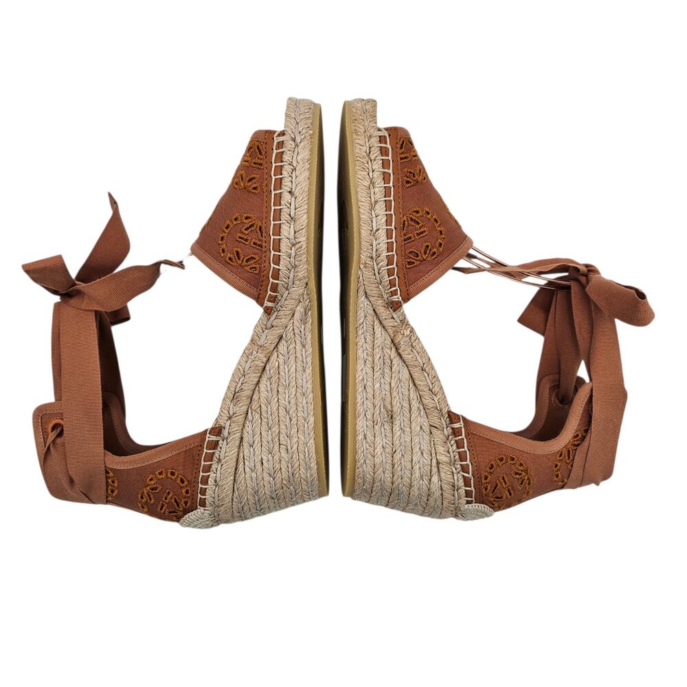 Gucci GG Espadrille Wedge Sandal Eyelet Canvas Ankle Tie Brown Size 37 US 7 - Picture 6 of 12